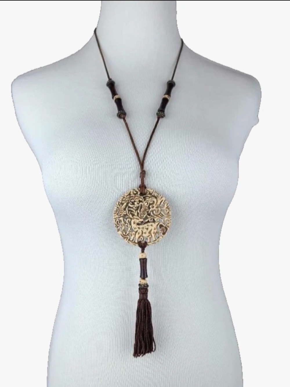 VTG 60s CROWN TRIFARI Carved Deer Pendant Necklace Satin Cord Wooden Beads